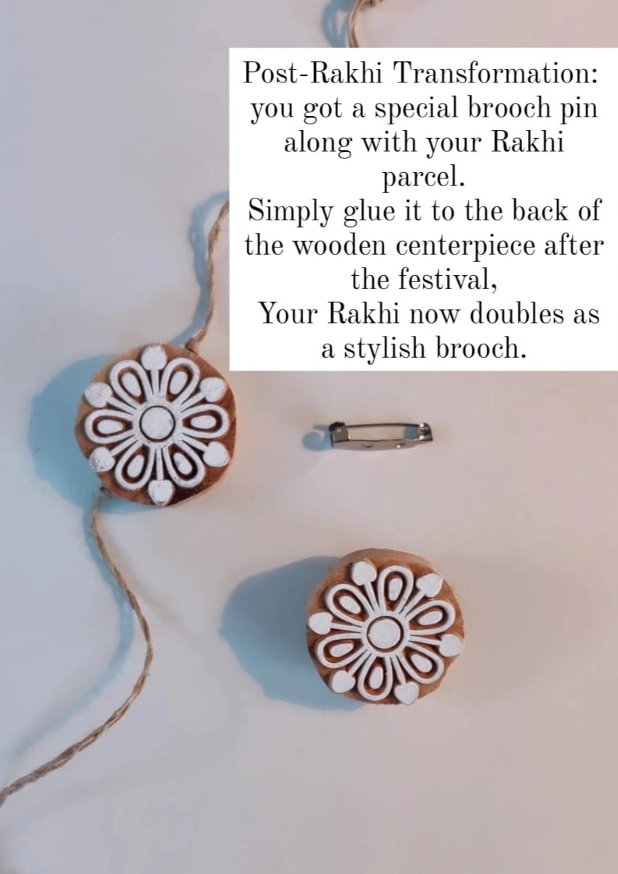 Fragranted Wooden Brooch Rakhi - BHAI/with 5ml attar/sustainable/fragrant touch