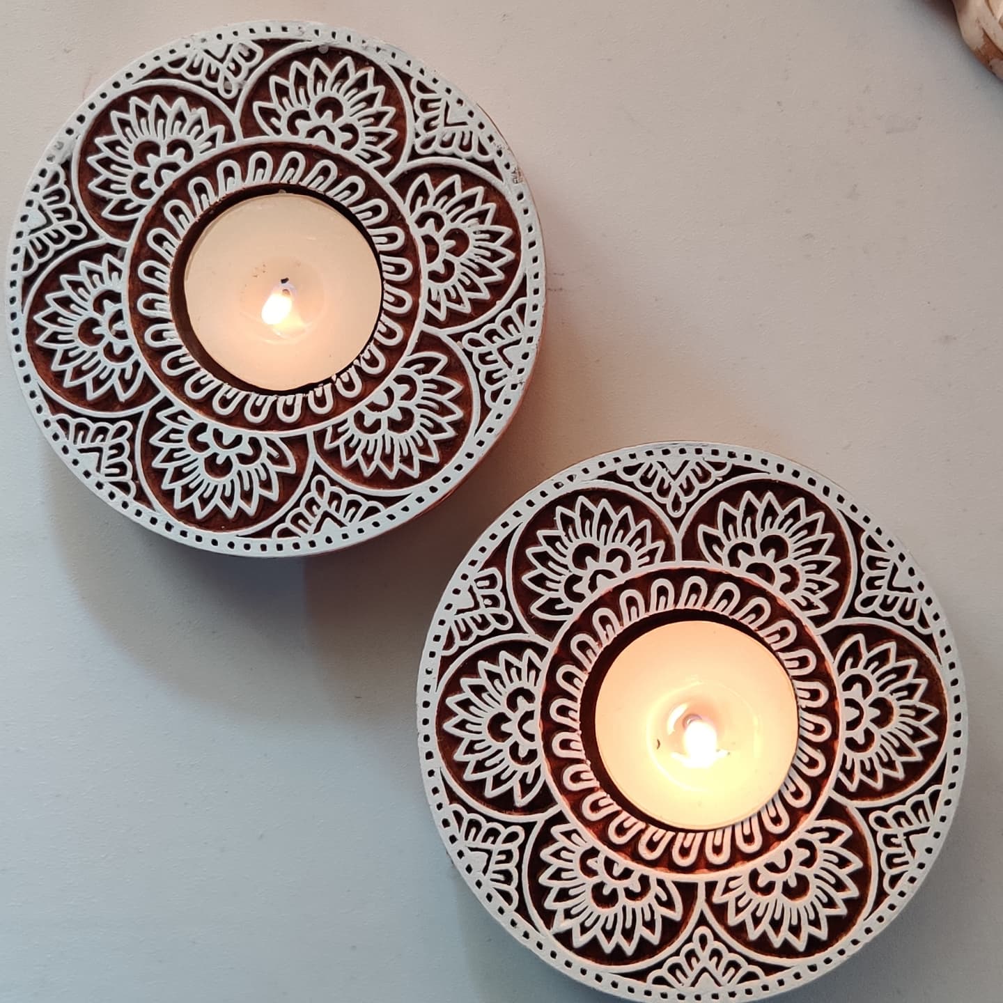 Set Of 2 floral Mandala Wooden Block frangranced tea Light  candle Holders