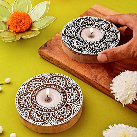 Set Of 2 floral Mandala Wooden Block frangranced tea Light  candle Holders