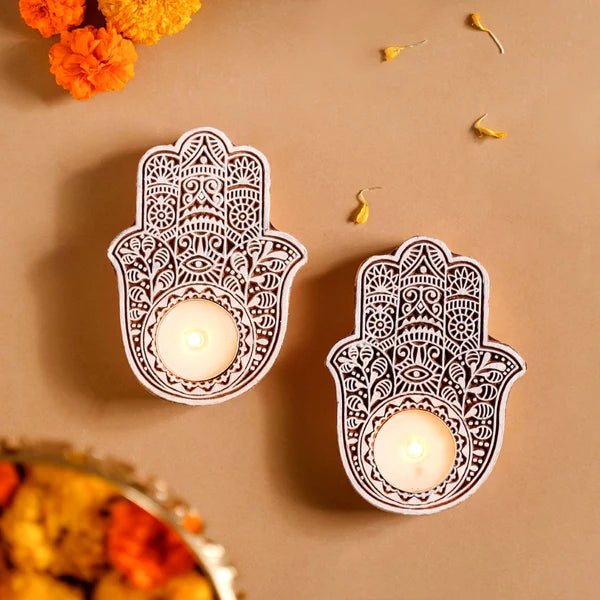 Set Of 2 hamsa hand mango wood fragranced tea light candle holders